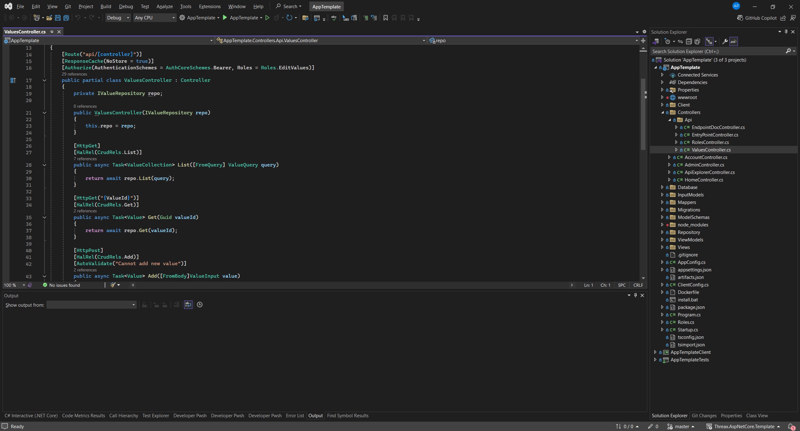 A screenshot of the App Template code open in Visual Studio.